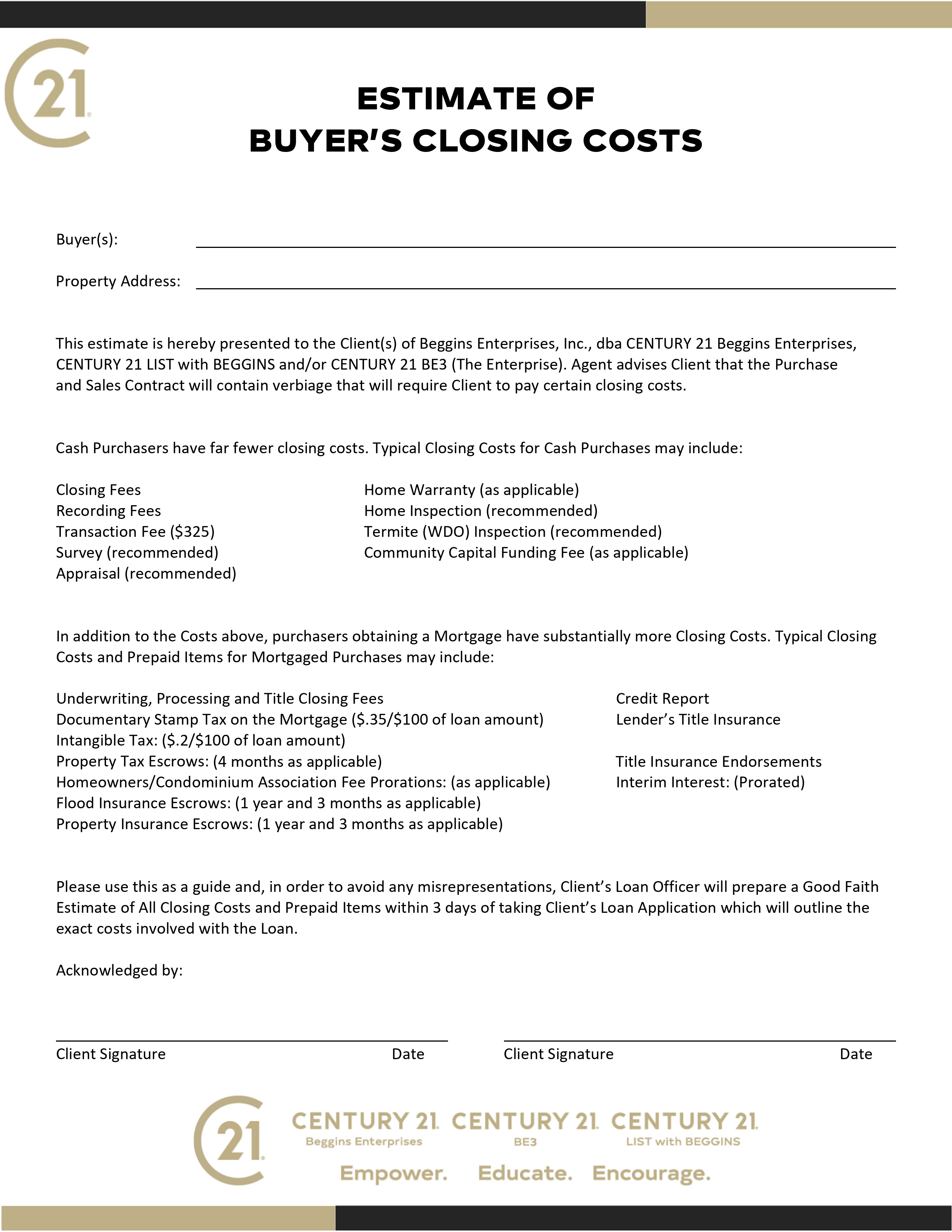 Buyer Closing Cost Estimate